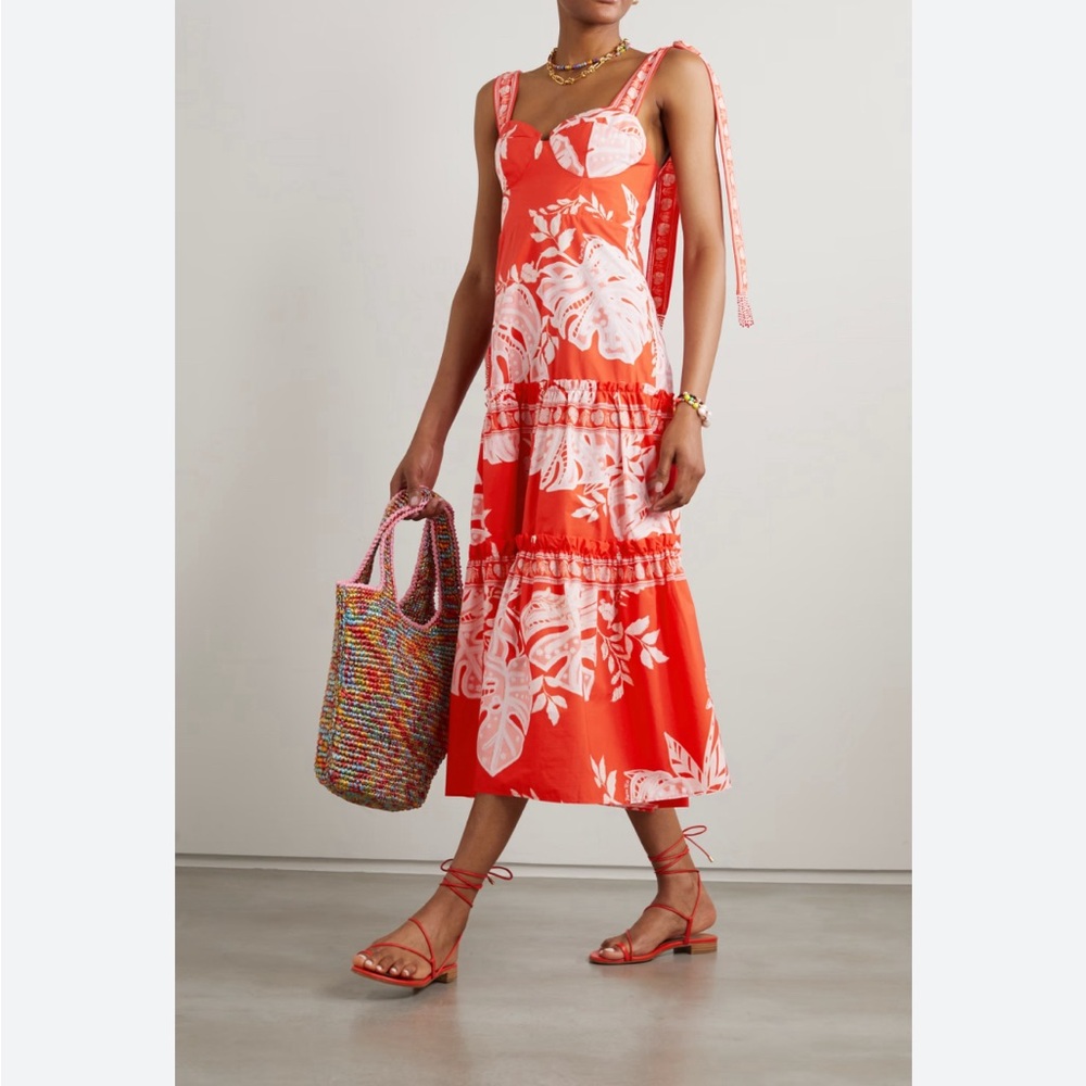 Farm Rio Lace Monsteras tiered embroidered cotton maxi dress size Small NEW